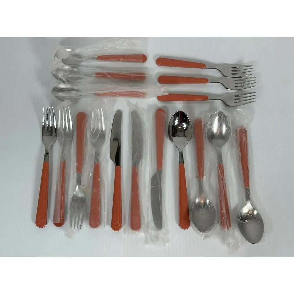 19 Pieces Flatware Piece Set Coral Pink Salmon Plastic Handles MCM Made In China